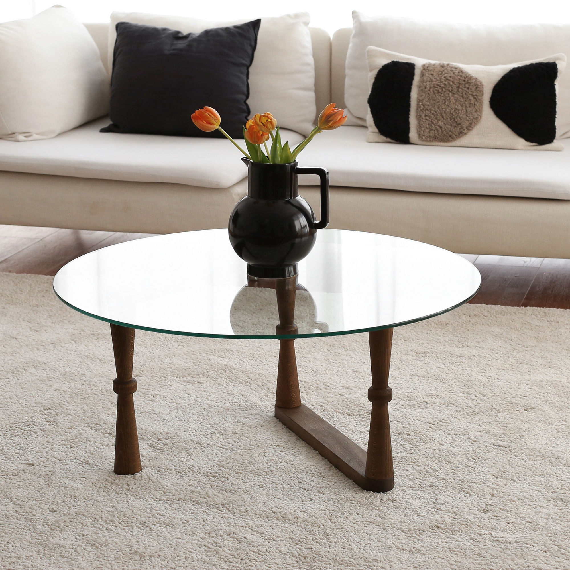 Masuta de cafea, Hanah Home, lemn masiv de pin, sticla calita, nuc, 80x80x41 cm — imaginea 4