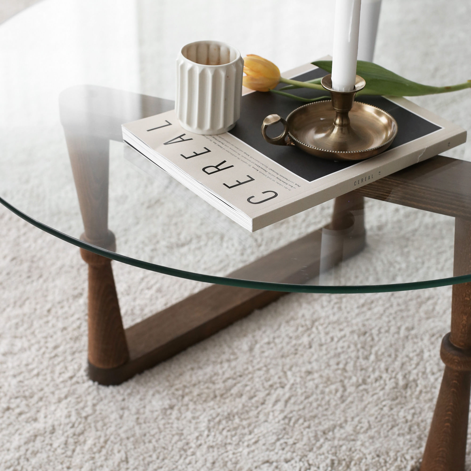 Masuta de cafea, Hanah Home, lemn masiv de pin, sticla calita, nuc, 80x80x41 cm — imaginea 5