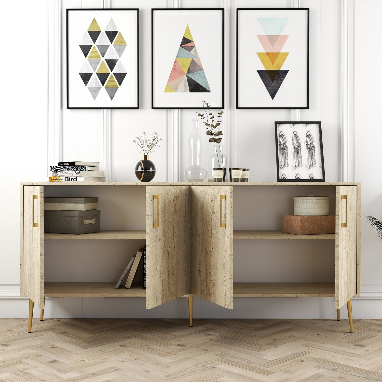 Consola, Hanah Home, pal melaminat, travertin, 180x78x35 cm — imaginea 2