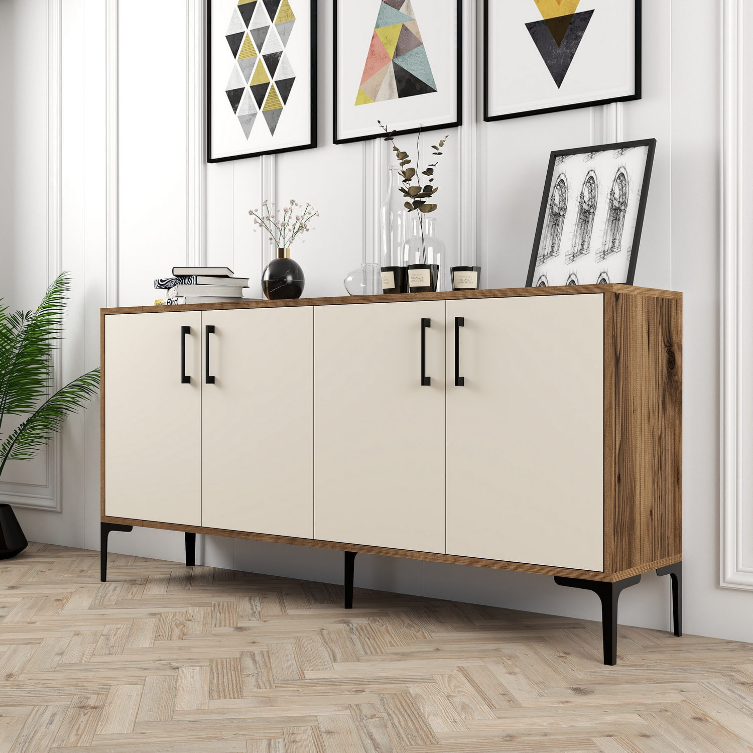 Consola, Hanah Home, panou aglomerat melaminat, nuc crem, 160x35x78 cm — imaginea 3