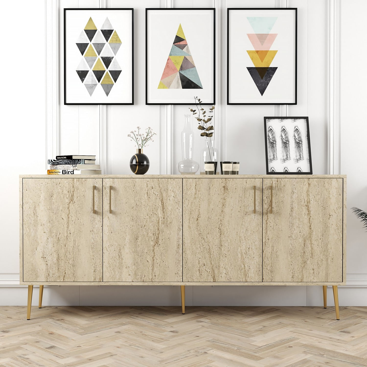 Consola, Hanah Home, pal melaminat, travertin, 180x78x35 cm — imaginea 3