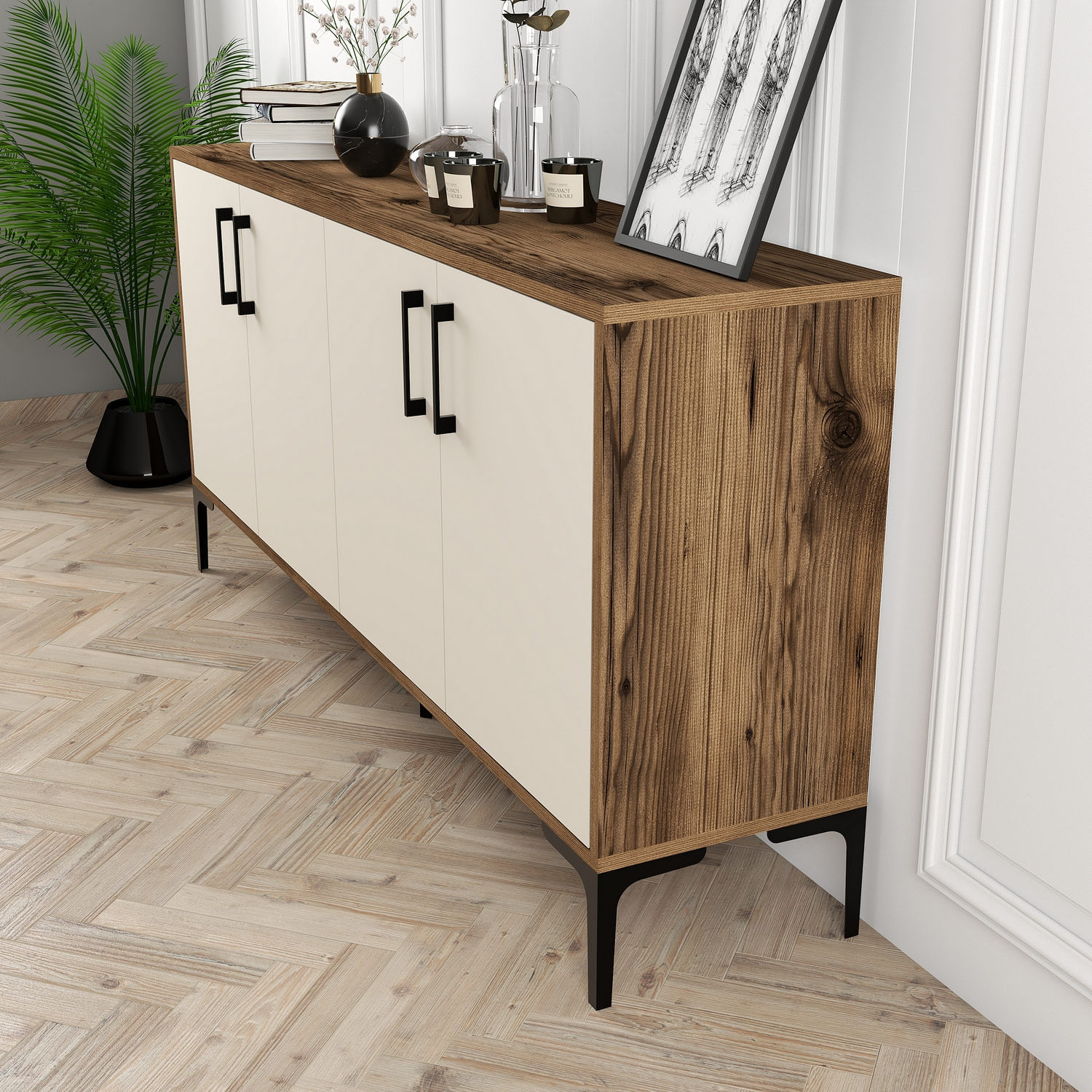 Consola, Hanah Home, panou aglomerat melaminat, nuc crem, 160x35x78 cm — imaginea 4
