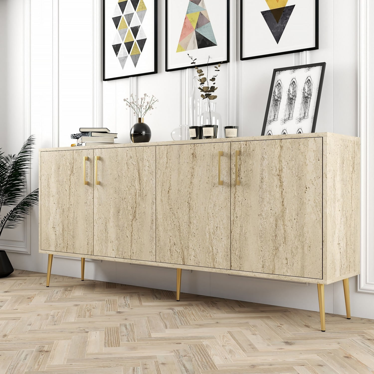 Consola, Hanah Home, pal melaminat, travertin, 180x78x35 cm — imaginea 4