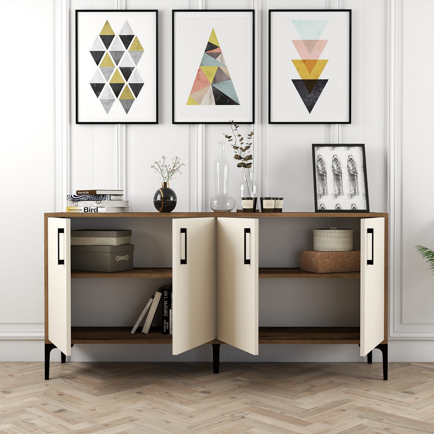 Consola, Hanah Home, panou aglomerat melaminat, nuc crem, 160x35x78 cm — imaginea 5