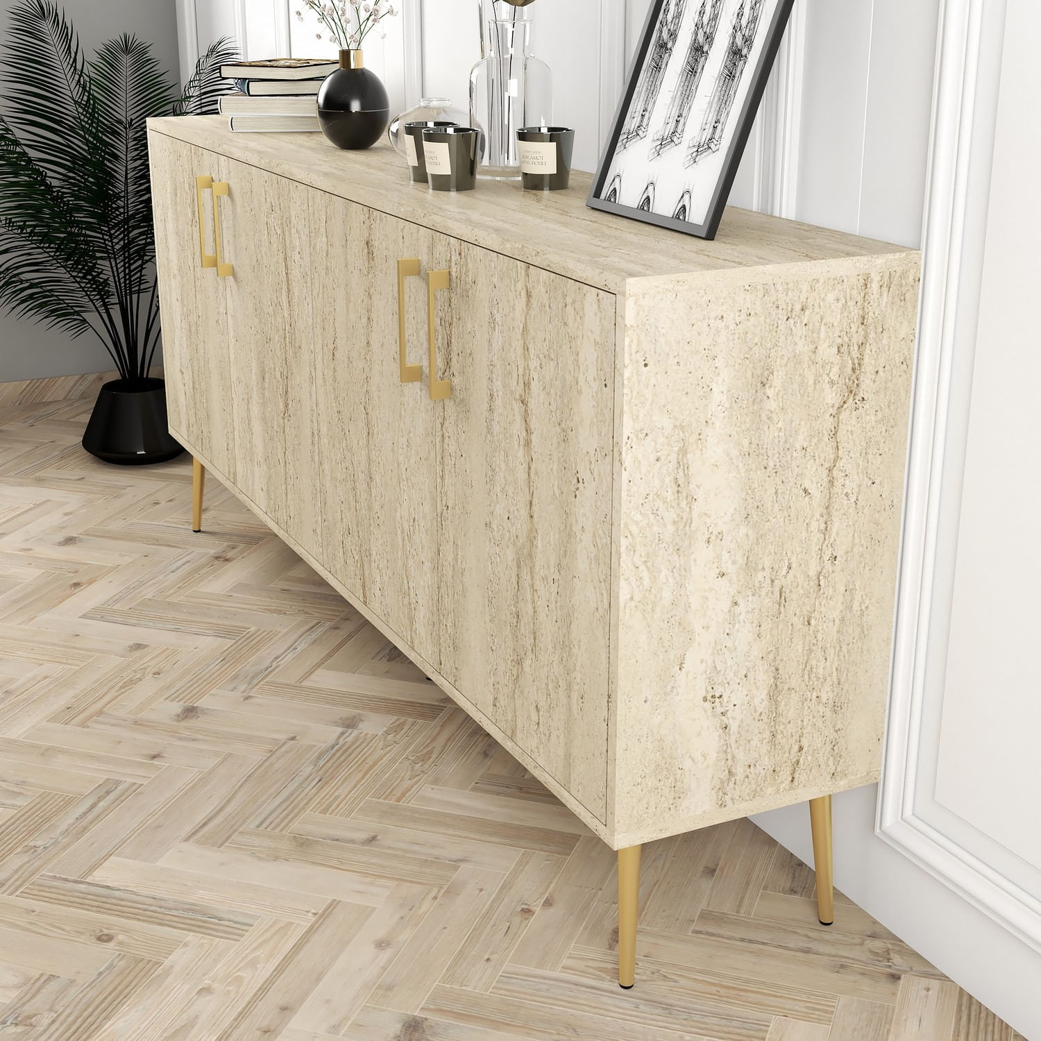 Consola, Hanah Home, pal melaminat, travertin, 180x78x35 cm — imaginea 5