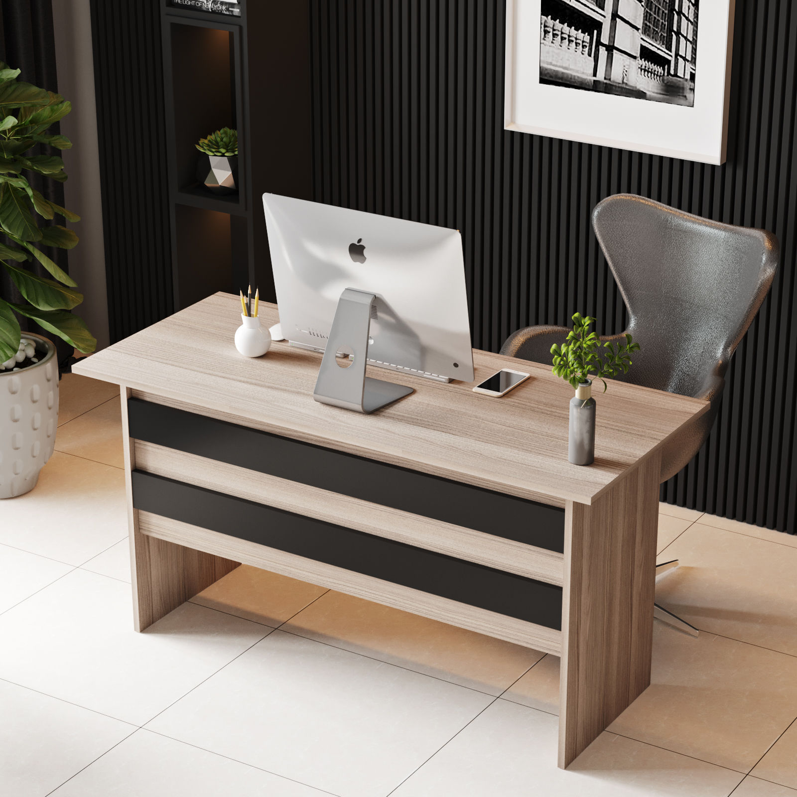 Set mobilier birou, Hanah Home, pal melaminat, stejar si negru, birou 140x60x73.8 cm, masuta 60x50x46.3 cm — imaginea 2