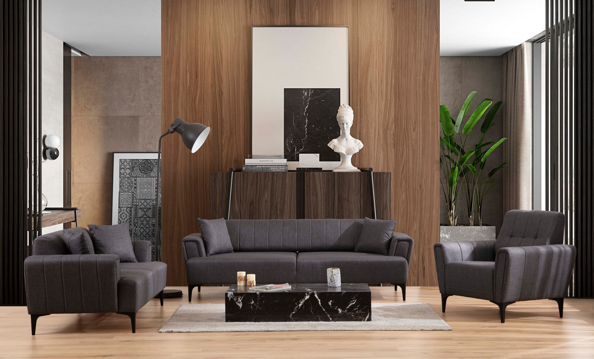 Canapea extensibila, Atelier Del Sofa, lemn fag si placi aglomerate, gri inchis, 230x95x77 cm — imaginea 4