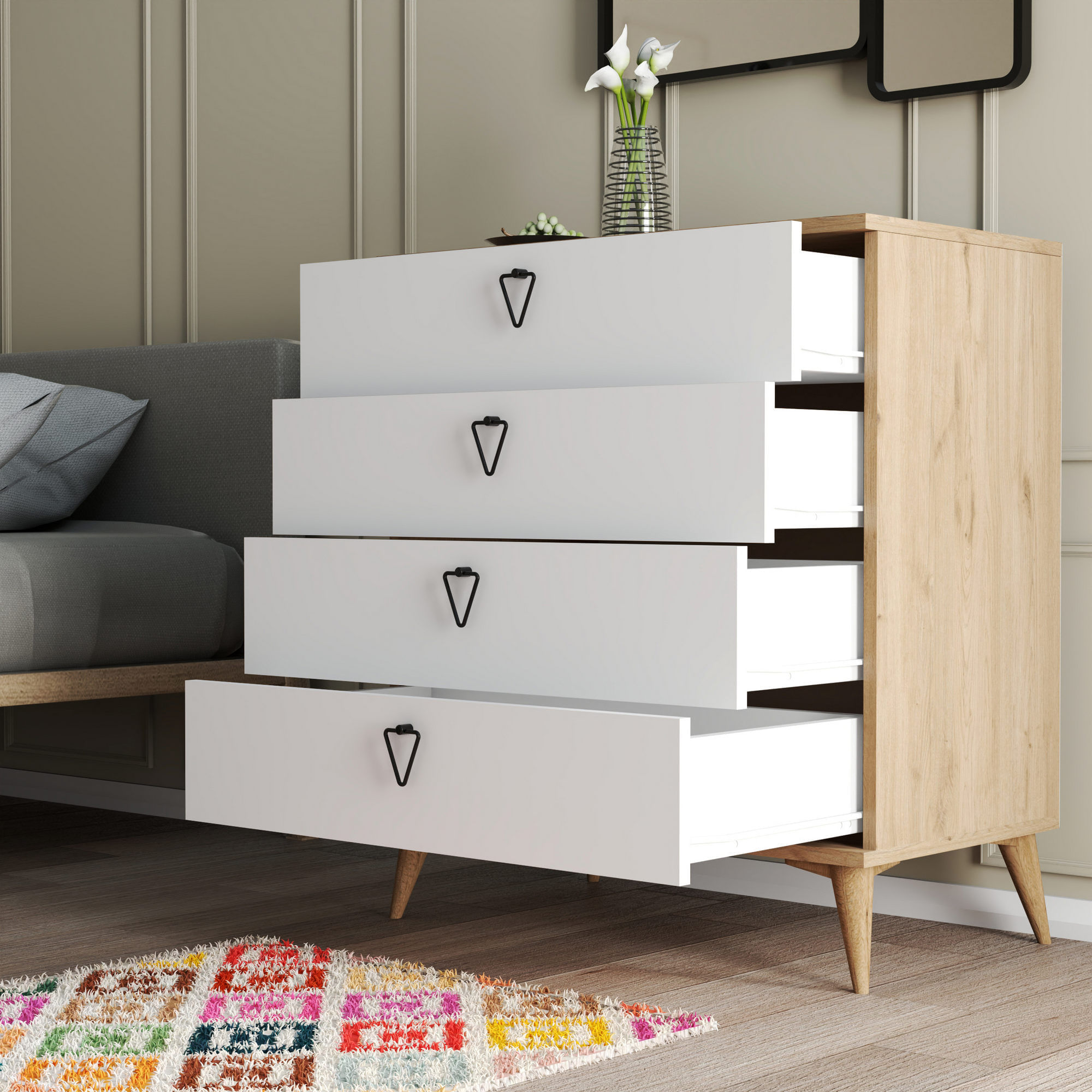 Comoda, Hanah Home, pal melaminat, stejar si alb, 80x45x90.8 cm — imaginea 2