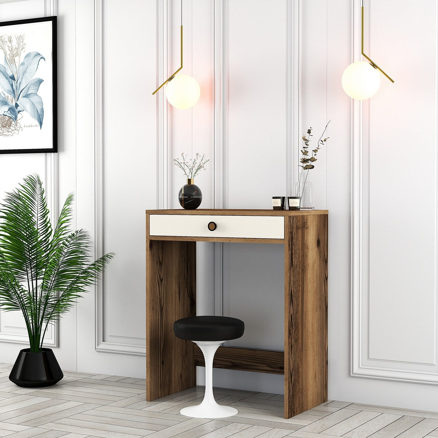 Masa de machiaj, Hanah Home, pal melaminat, nuc si crem, 70x40x84,7 cm — imaginea 3