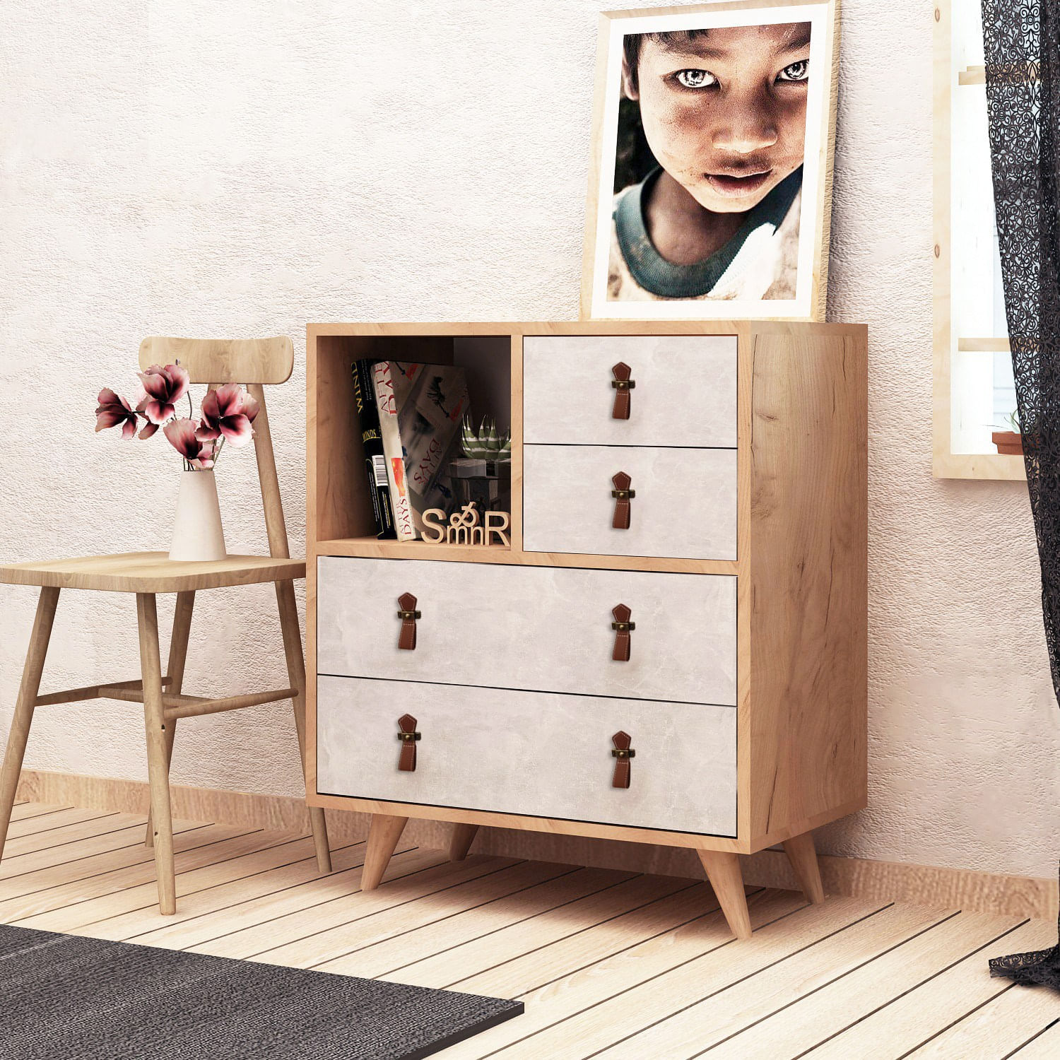 Comoda, Hanah Home, pal melaminat, stejar alb, 70x40x88.6 cm, 811MDD3406 — imaginea 2