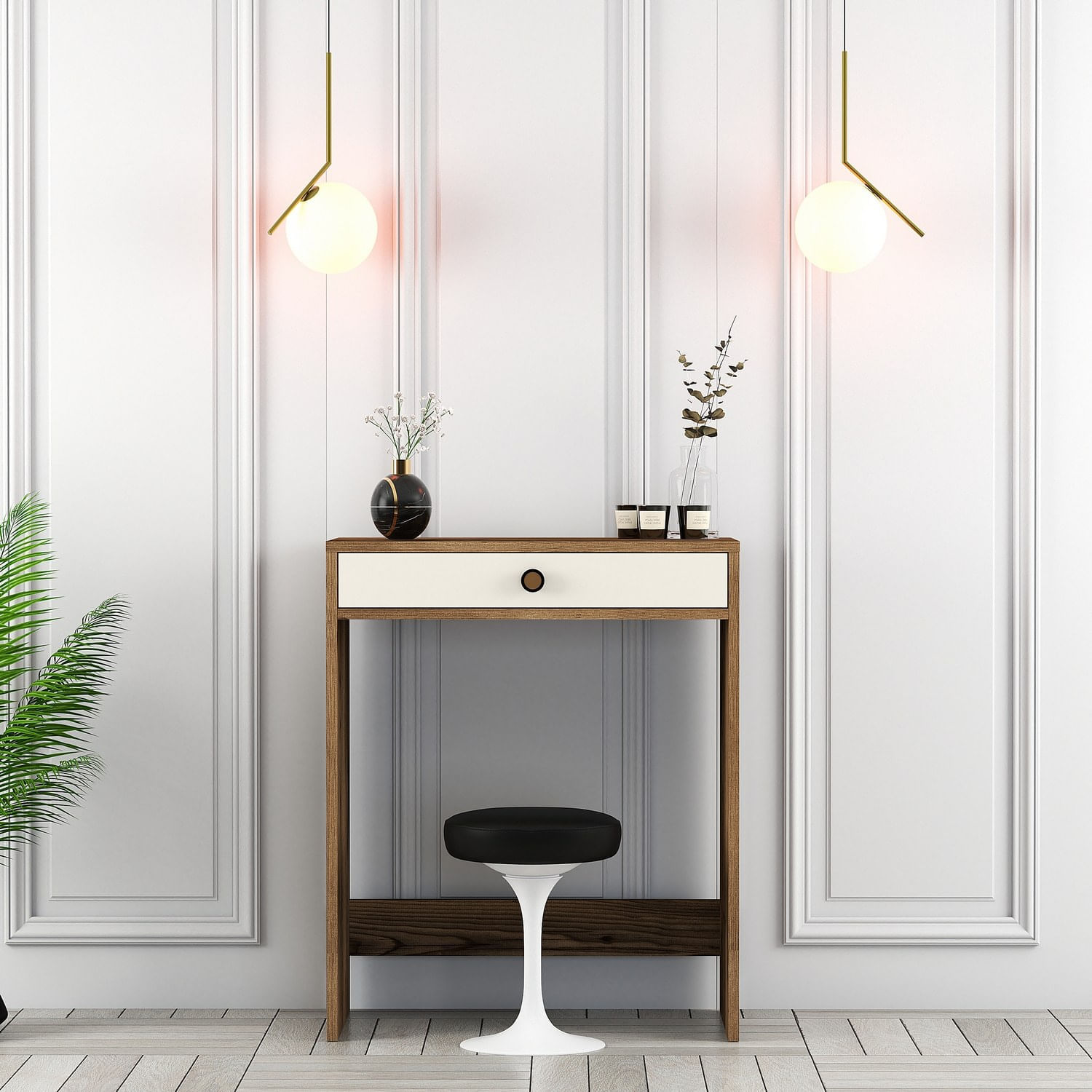 Masa de machiaj, Hanah Home, pal melaminat, nuc si crem, 70x40x84,7 cm — imaginea 4