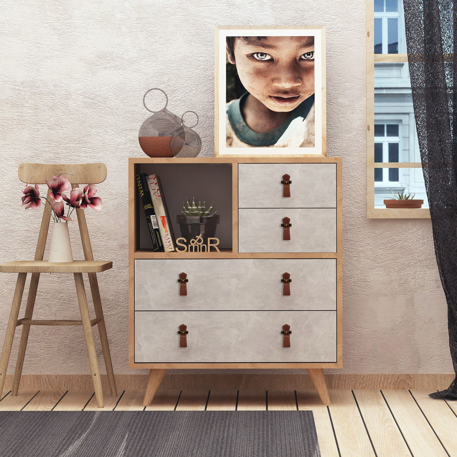 Comoda, Hanah Home, pal melaminat, stejar alb, 70x40x88.6 cm, 811MDD3406 — imaginea 3