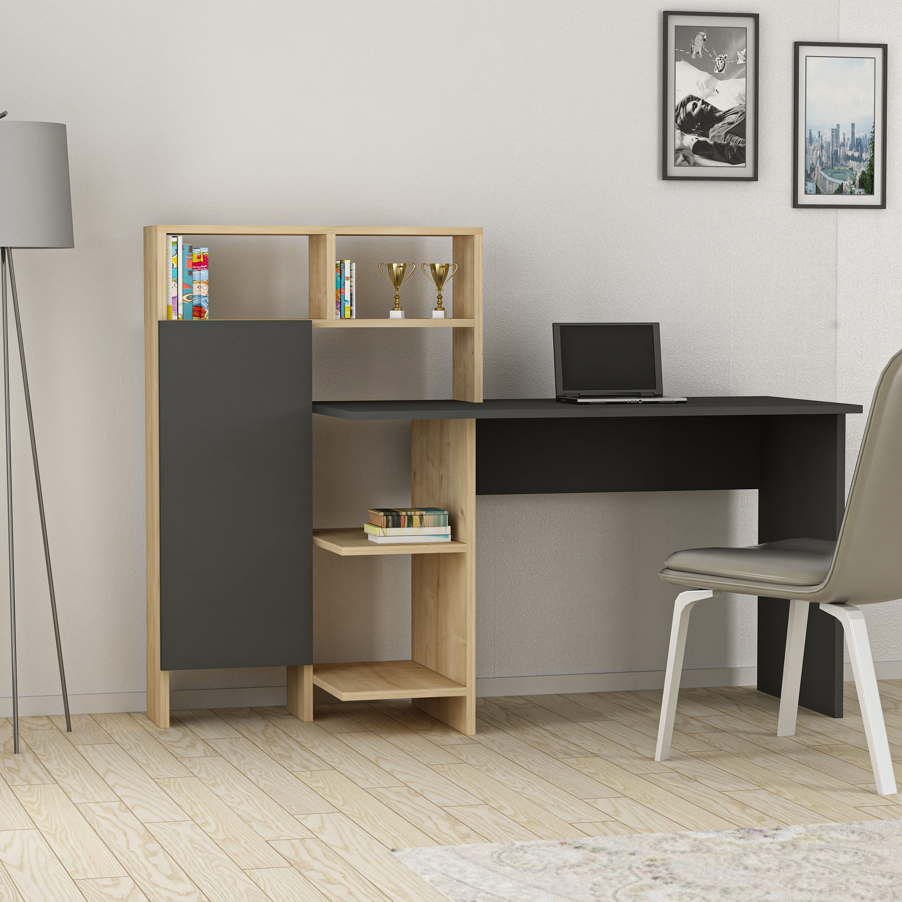 Birou, Hanah Home, pal melaminat, antracit si stejar, 135.9x60x111.8 cm — imaginea 3