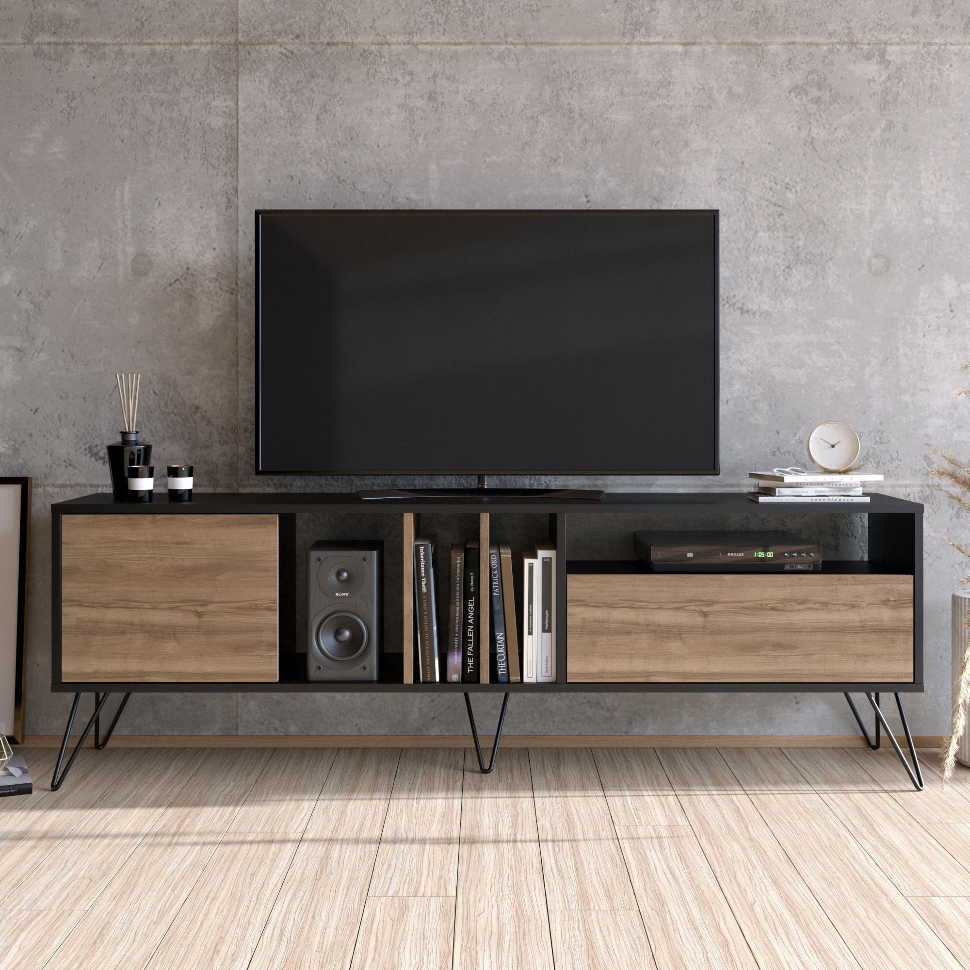 Comoda tv, Hanah Home, pal melaminat, nuc si negru, 180x35.5x58.7 cm — imaginea 3