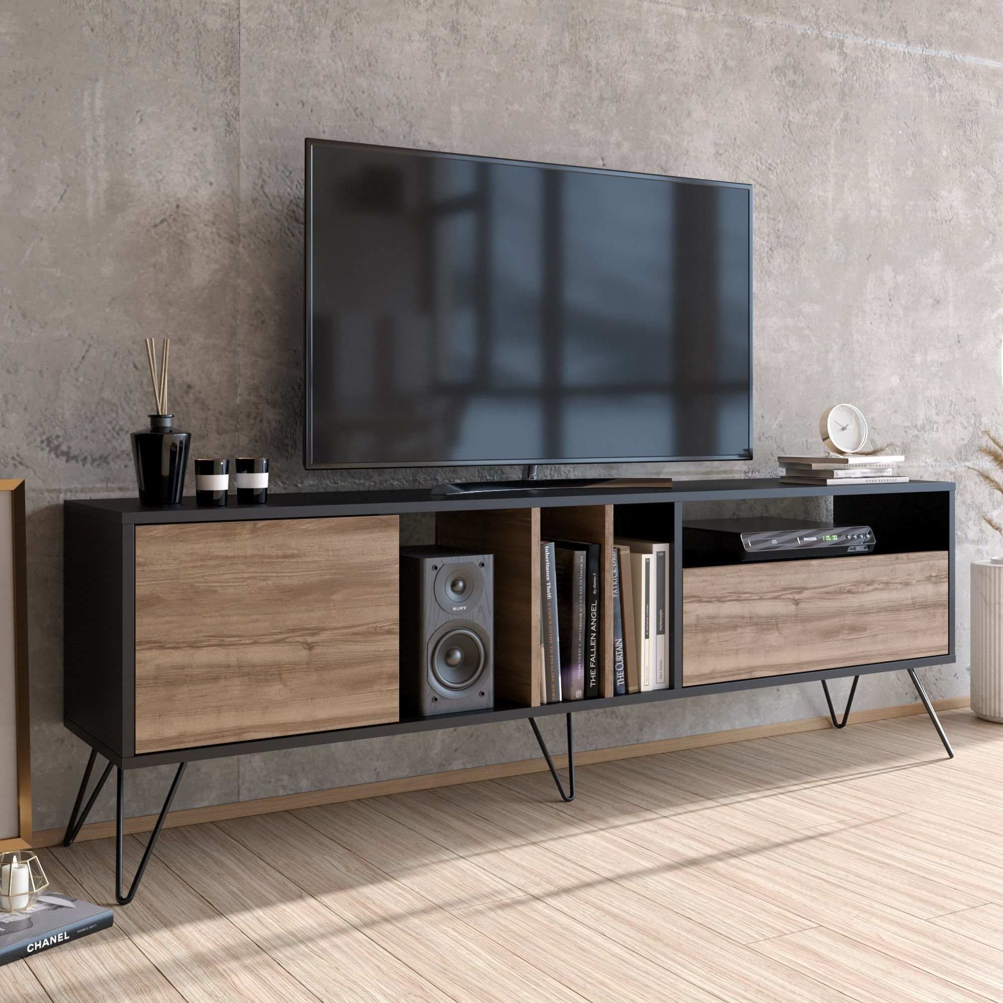 Comoda tv, Hanah Home, pal melaminat, nuc si negru, 180x35.5x58.7 cm — imaginea 4