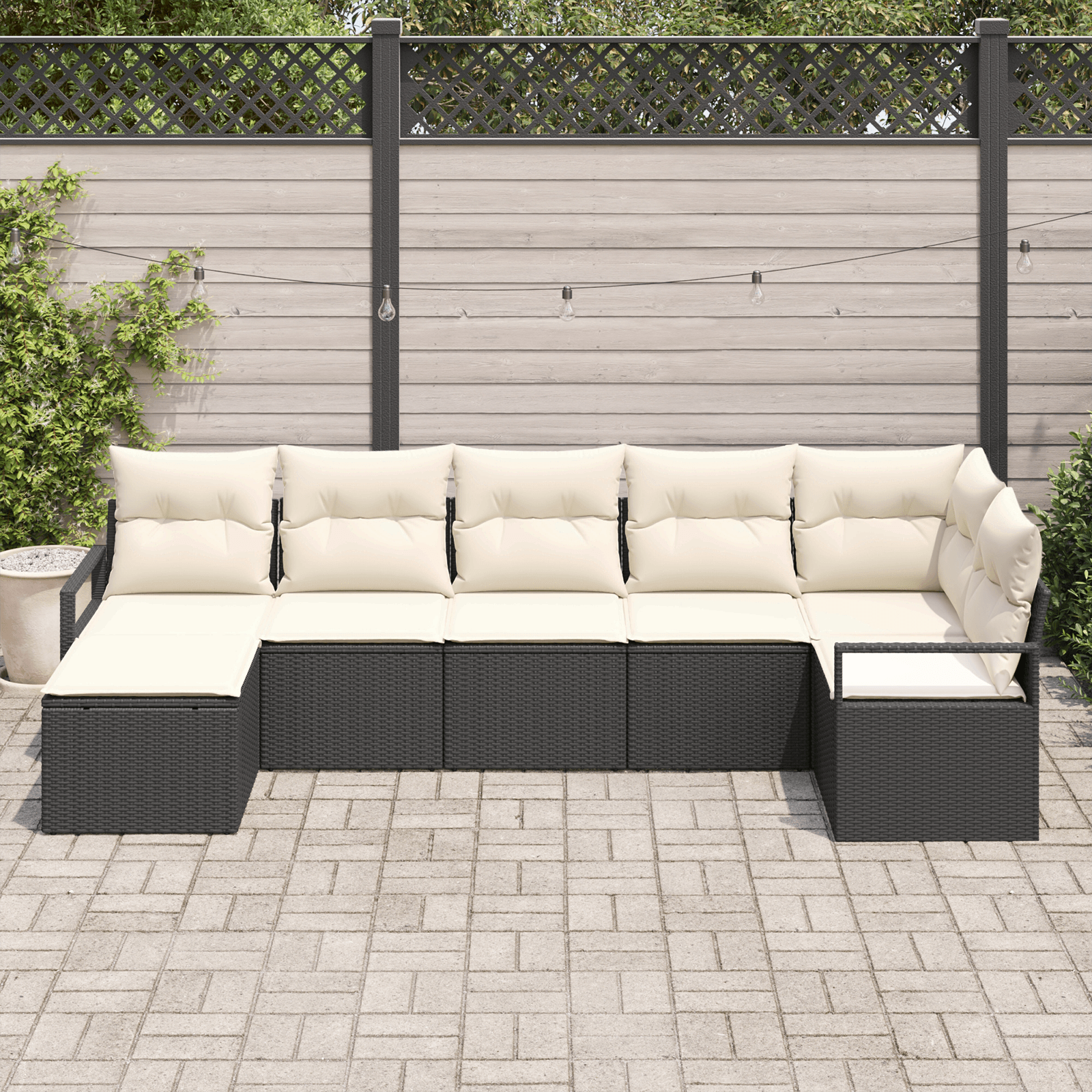 Set canapea gradina pernute, 7 piese, ratan poliester negru