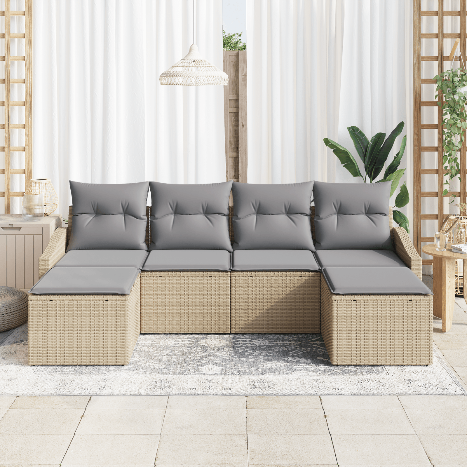Set de Canapea cu 6 Piese cu Pernute Bej din Ratan Polimeric — imaginea 3