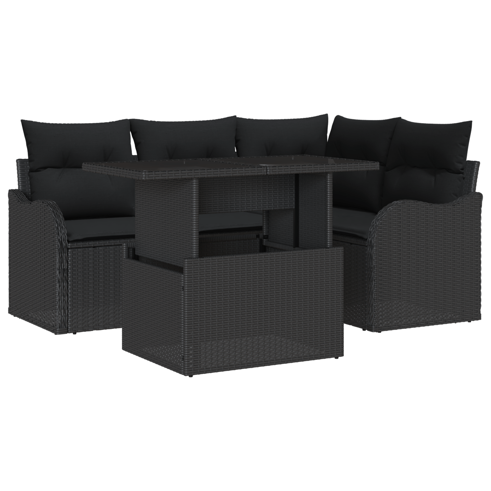 set canapea cu 5 piese si perne din ratan poliester negru — imaginea 2