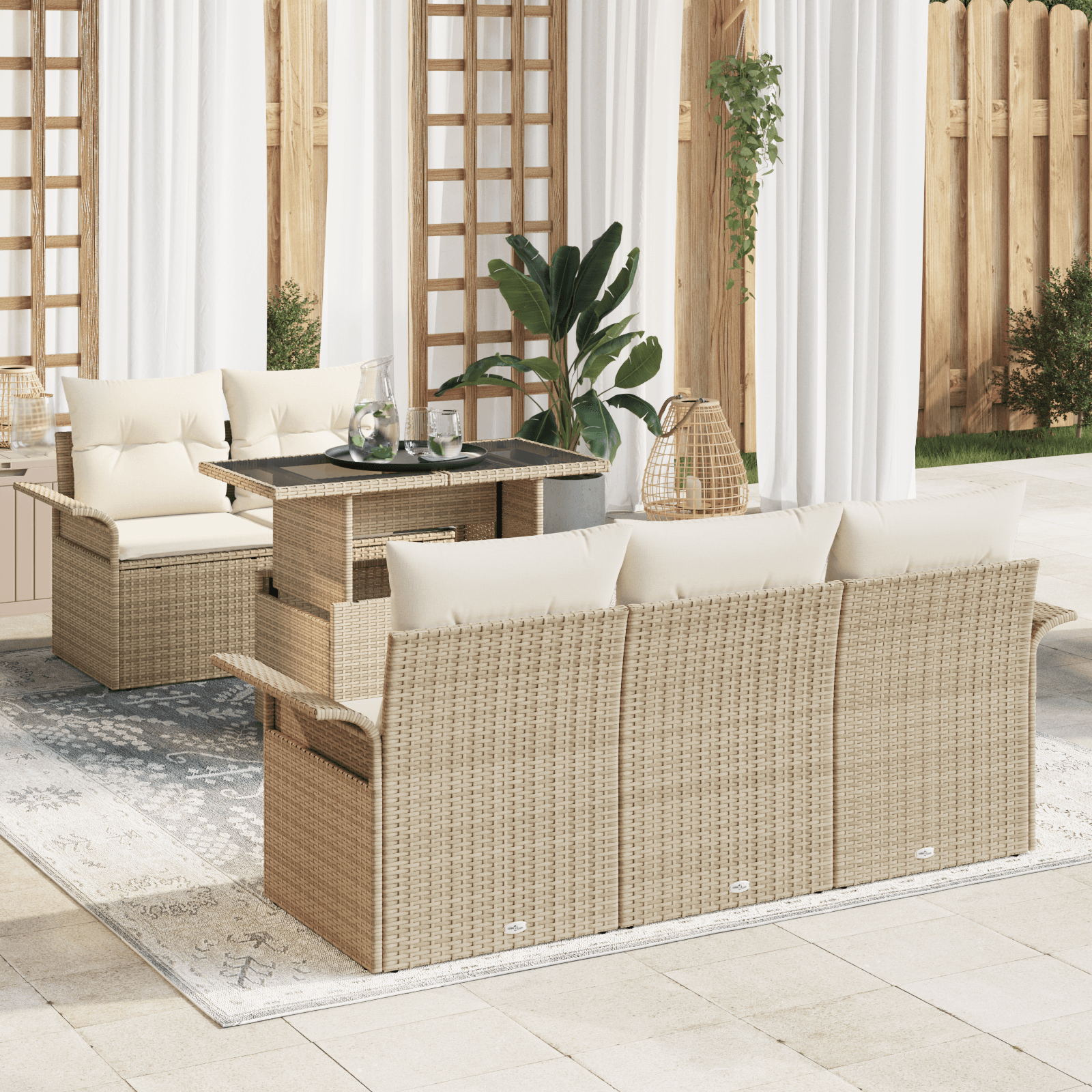 Set Canapea Gradina cu 6 Piese si Perne Bej Ratan Poli