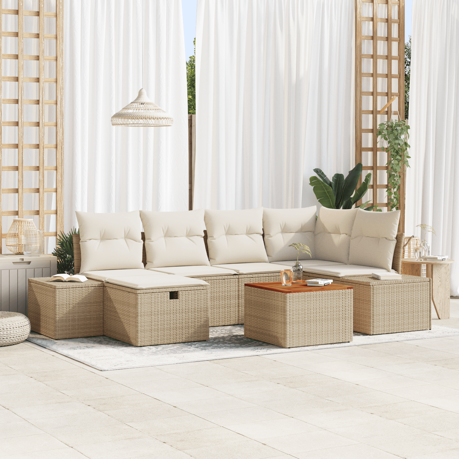 Set de 7 piese de sofa de gradina cu perne Bej din ratan poliesteric