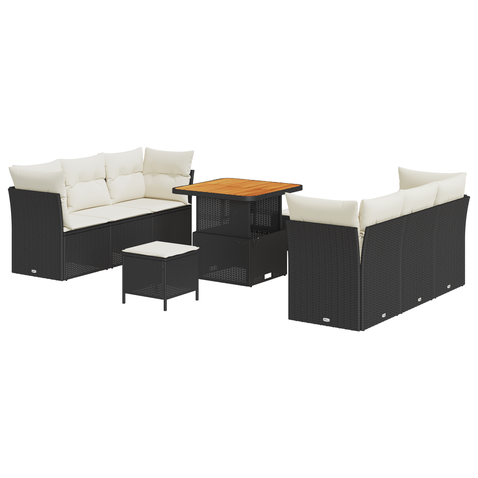 Set canapea de 9 piese cu perne, rattan poli negru, acacia — imaginea 2