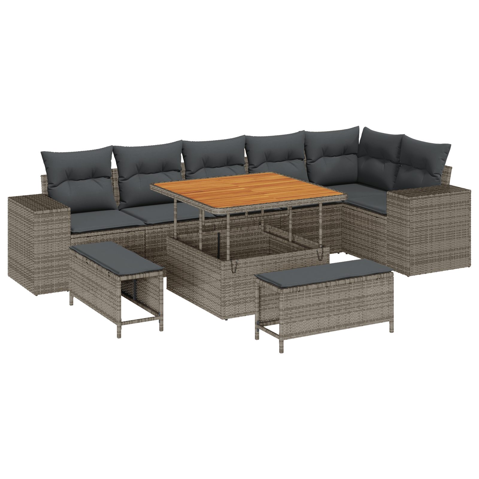 Set Sofa 9 Piese Gri Ratan Poliester Acacia cu Perne — imaginea 2