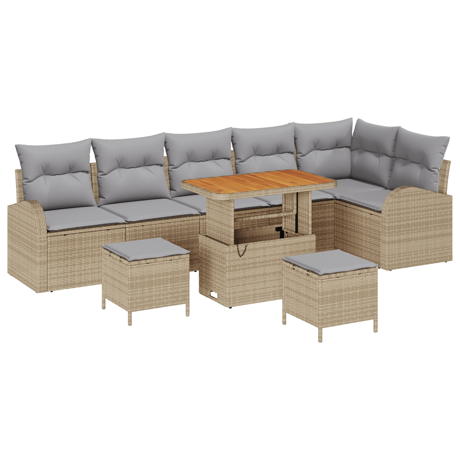 Set canapea 9 piese poliratan, perne bej, acacia — imaginea 2