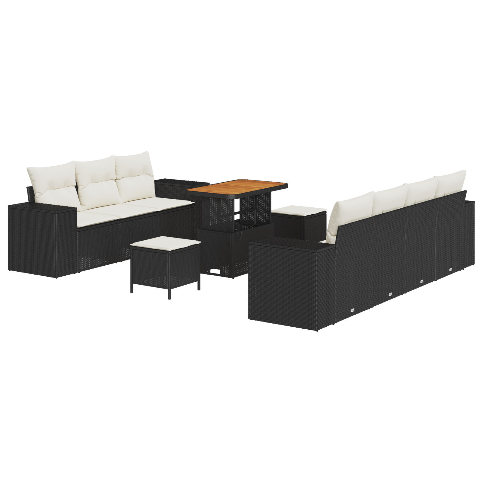 Set canape cu 10 piese din ratan poli negru si acacia crem — imaginea 2