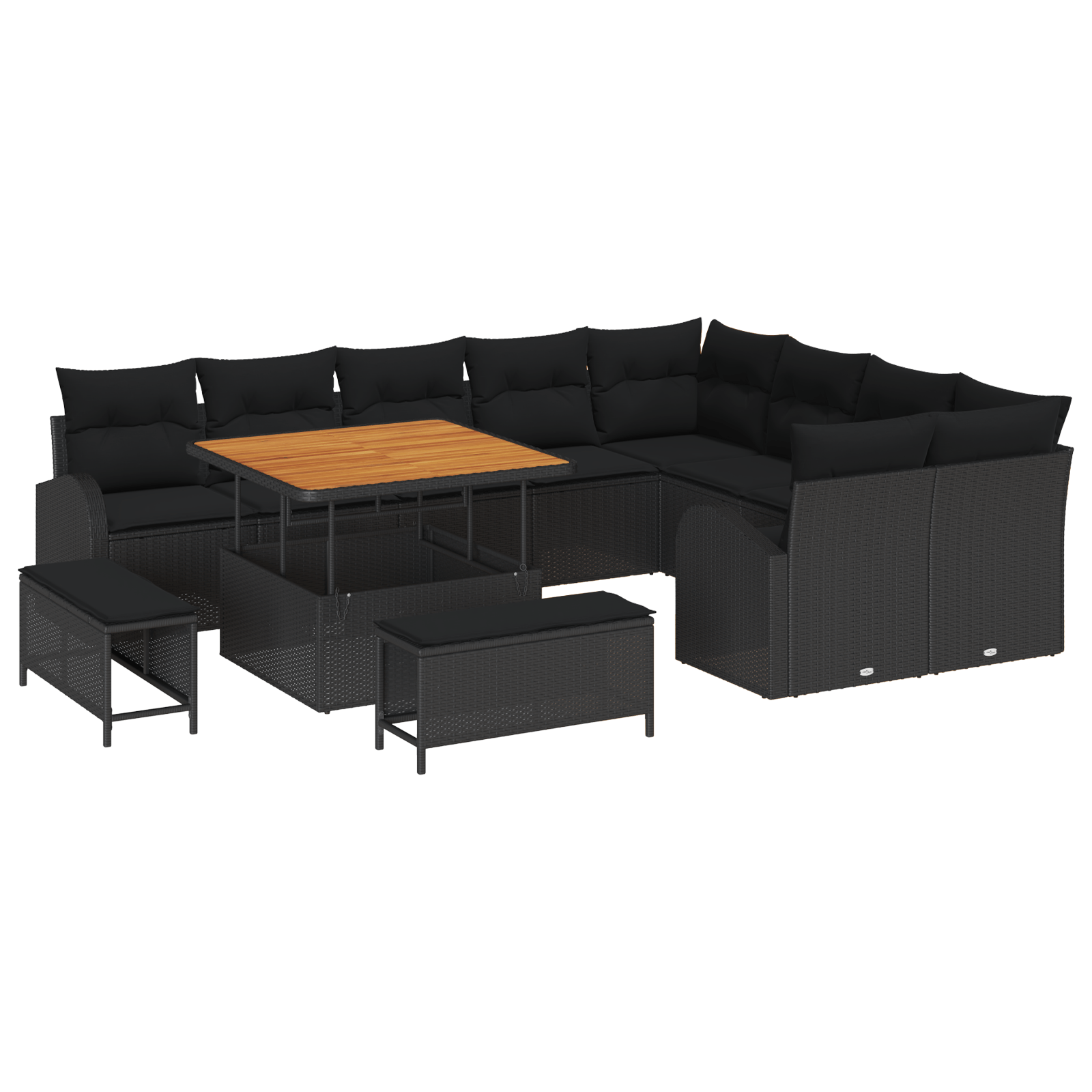 Set canapea 12 piese cu perne Negru Ratan poliesteric Acacia — imaginea 2