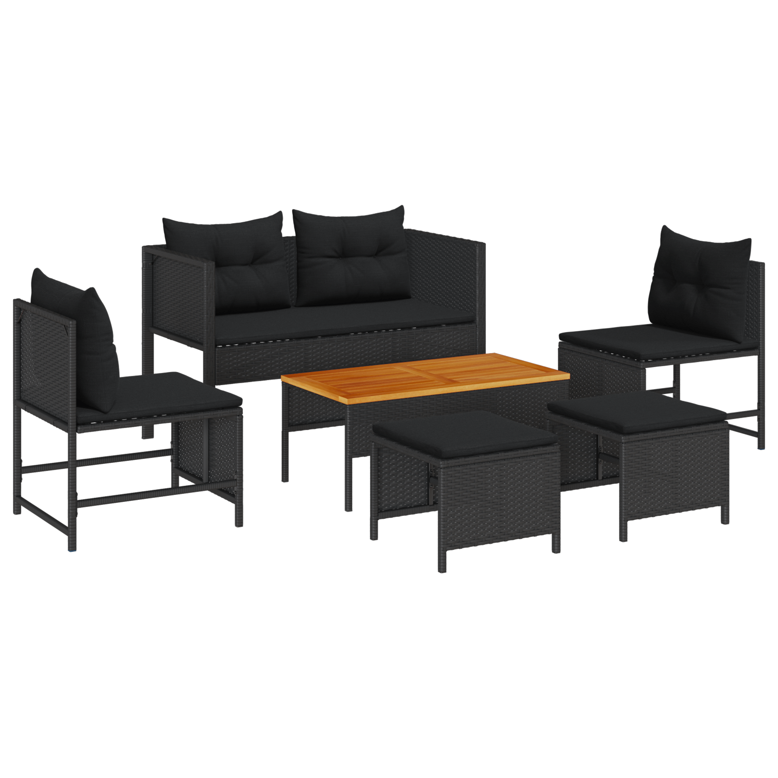 Set Canapea de Exterior - Negru Rattan, Lemn Mediu Durabil — imaginea 2