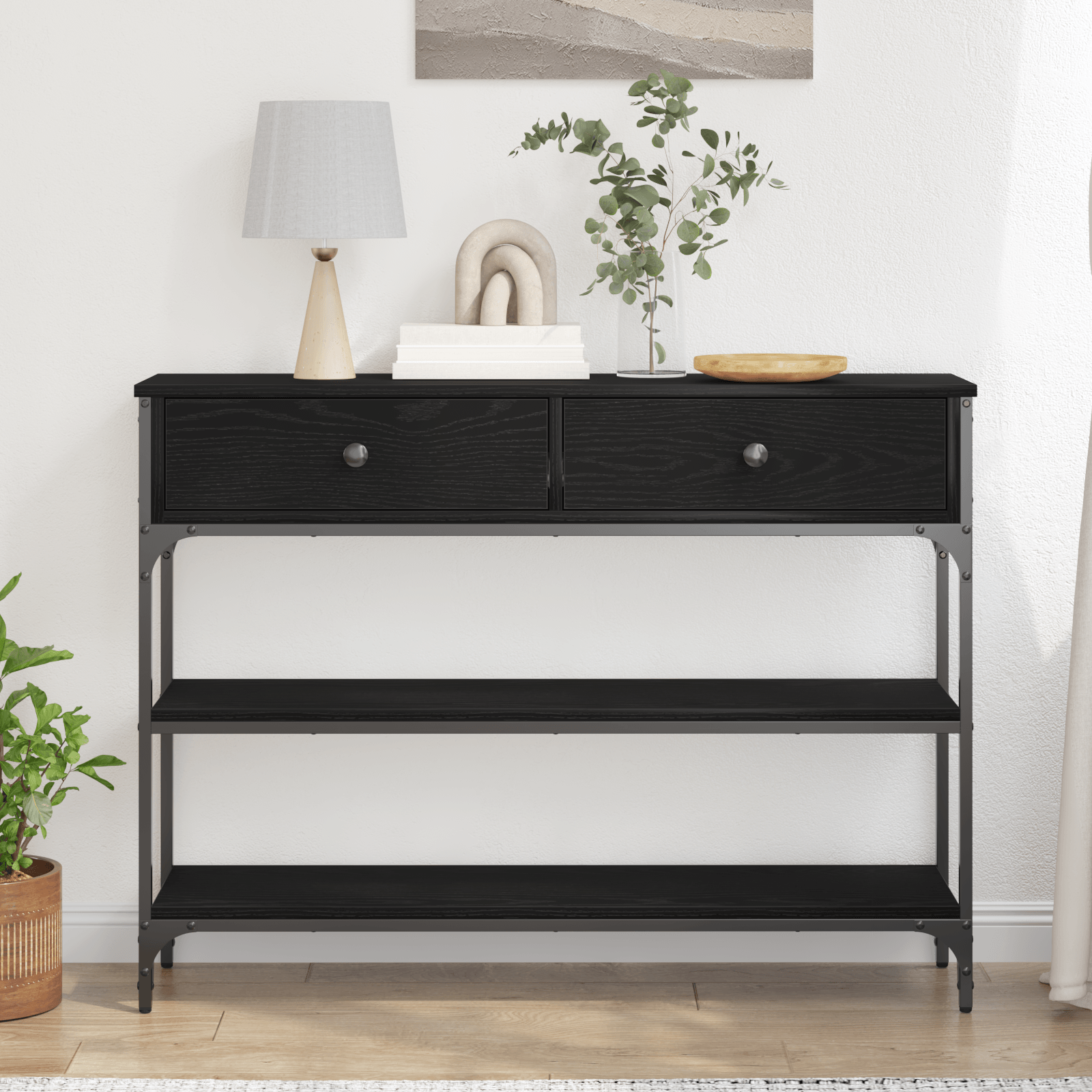 Masa consola, stejar negru, 100x25x75 cm, lemn prelucrat & otel — imaginea 4