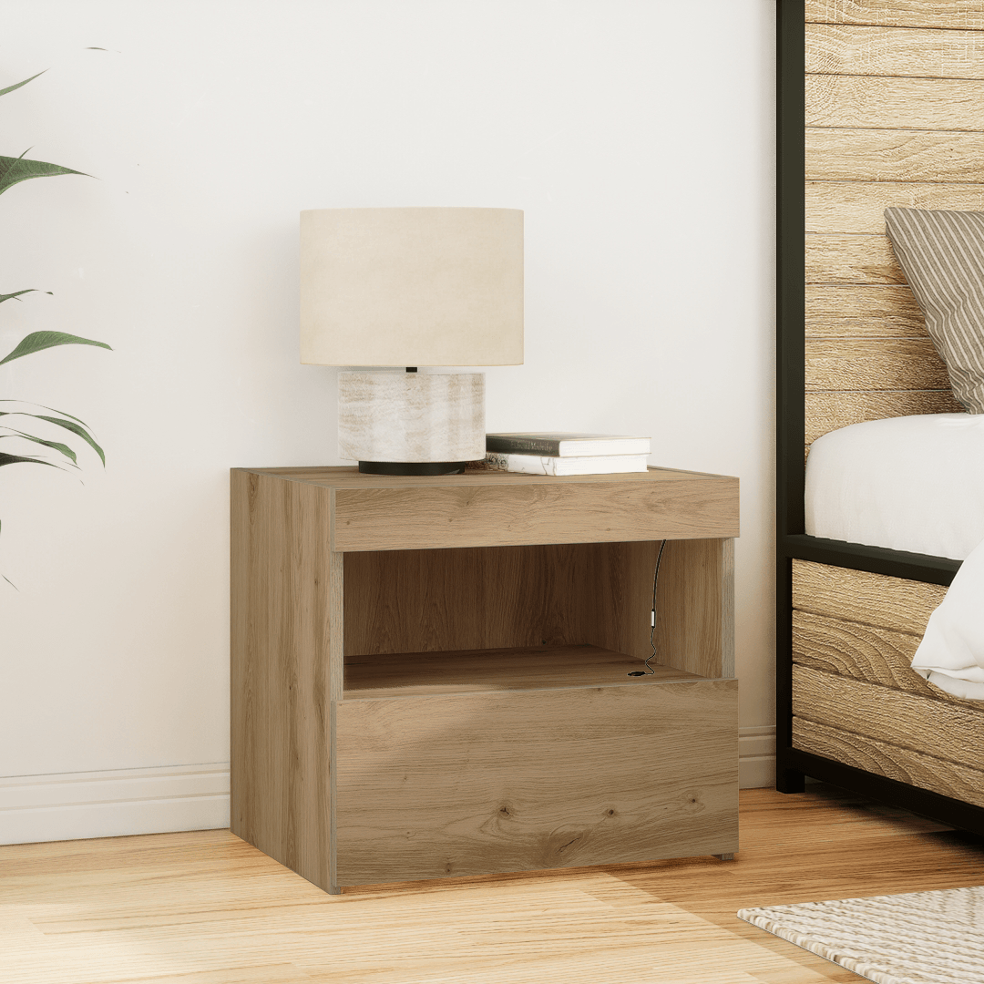 Noptiera cu lumini LED, stejar artizanal, 50x40x45 cm