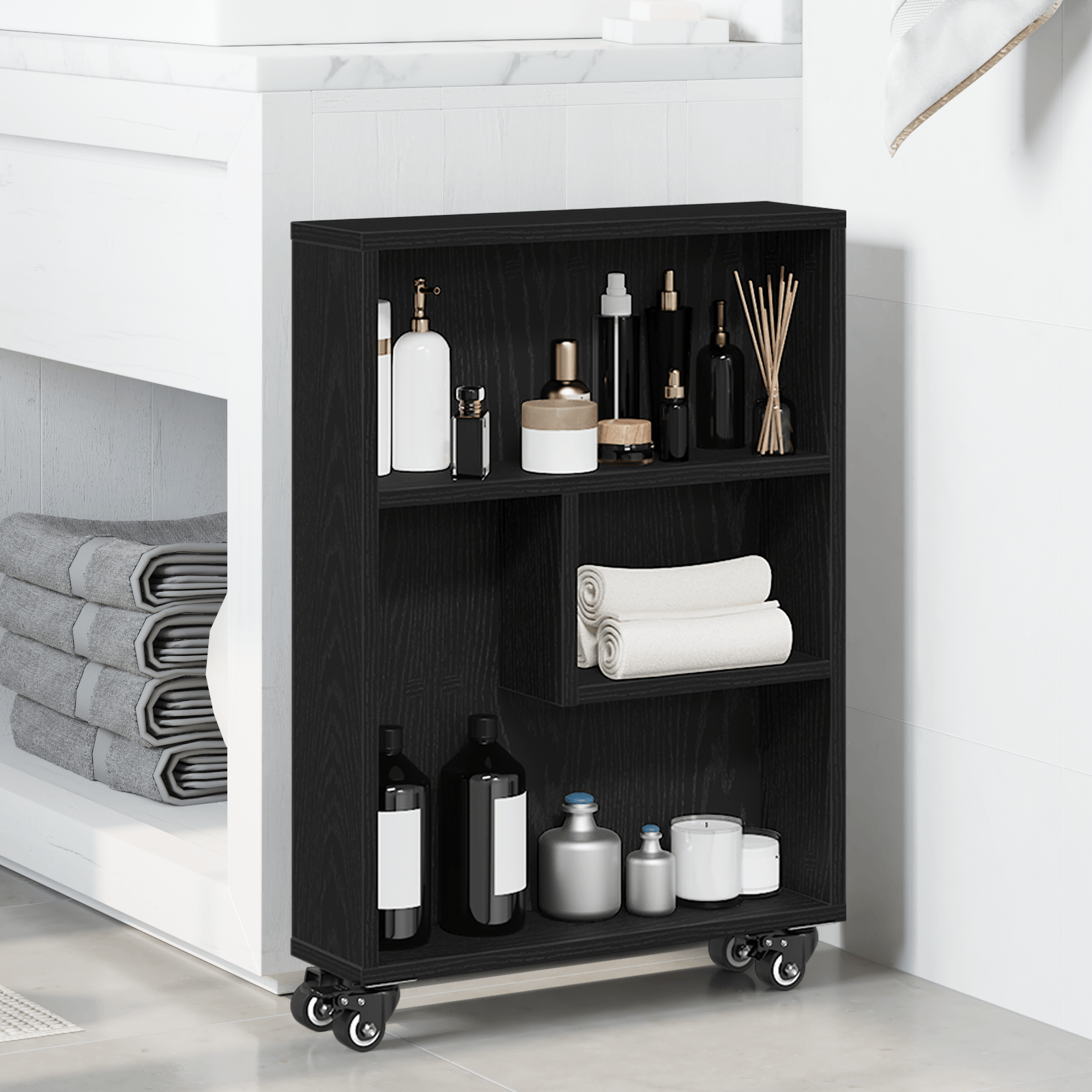 Carucior de depozitare ingust, stejar negru, 48x13x68 cm, lemn