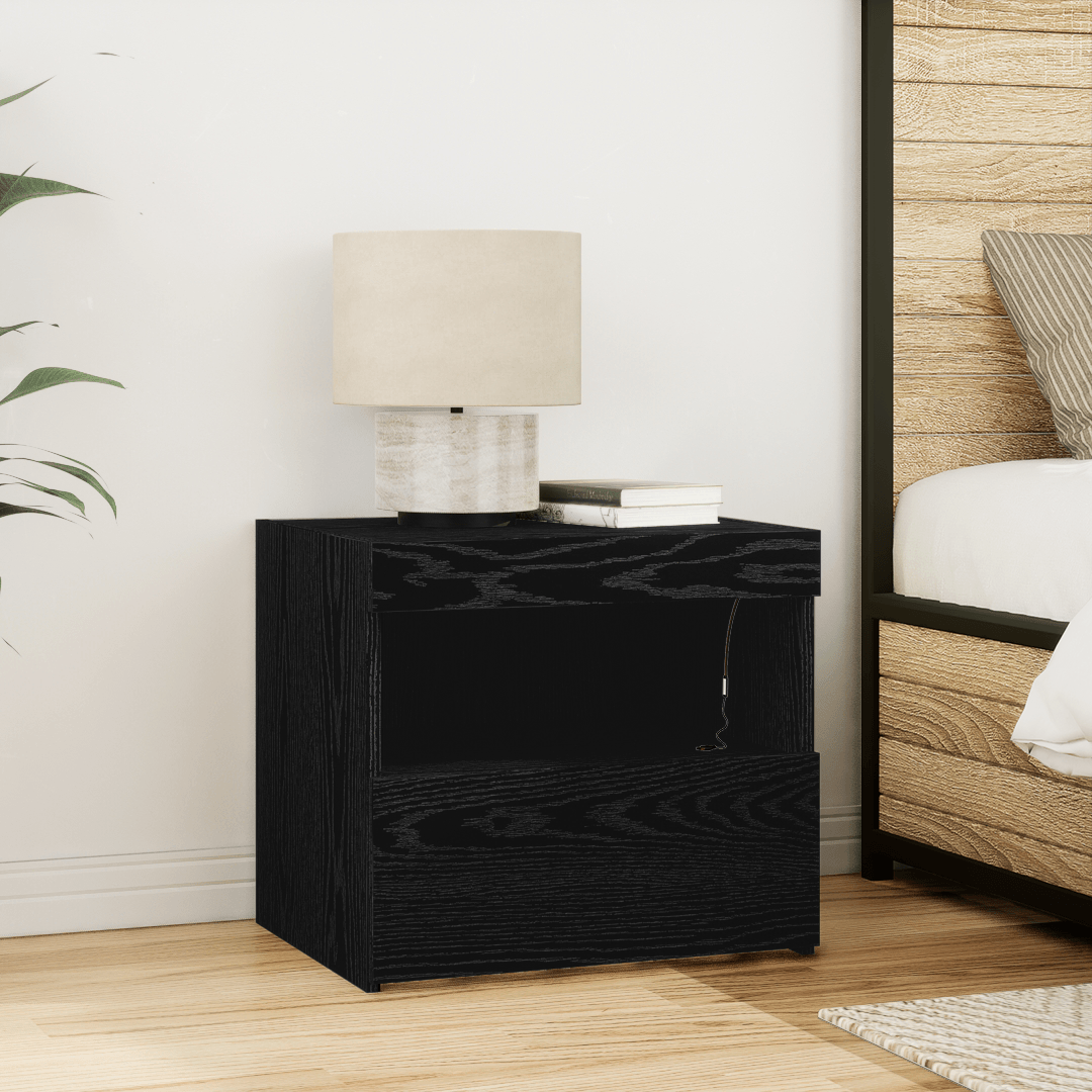 Noptiera cu lumini LED, stejar negru, 50x40x45 cm