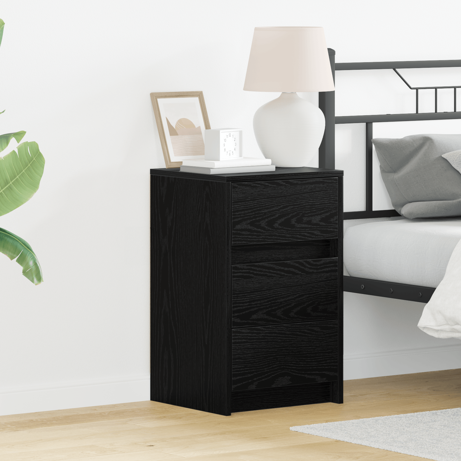 Casuta de noptiera cu lumini LED Stejar Negru Lemn prelucrat
