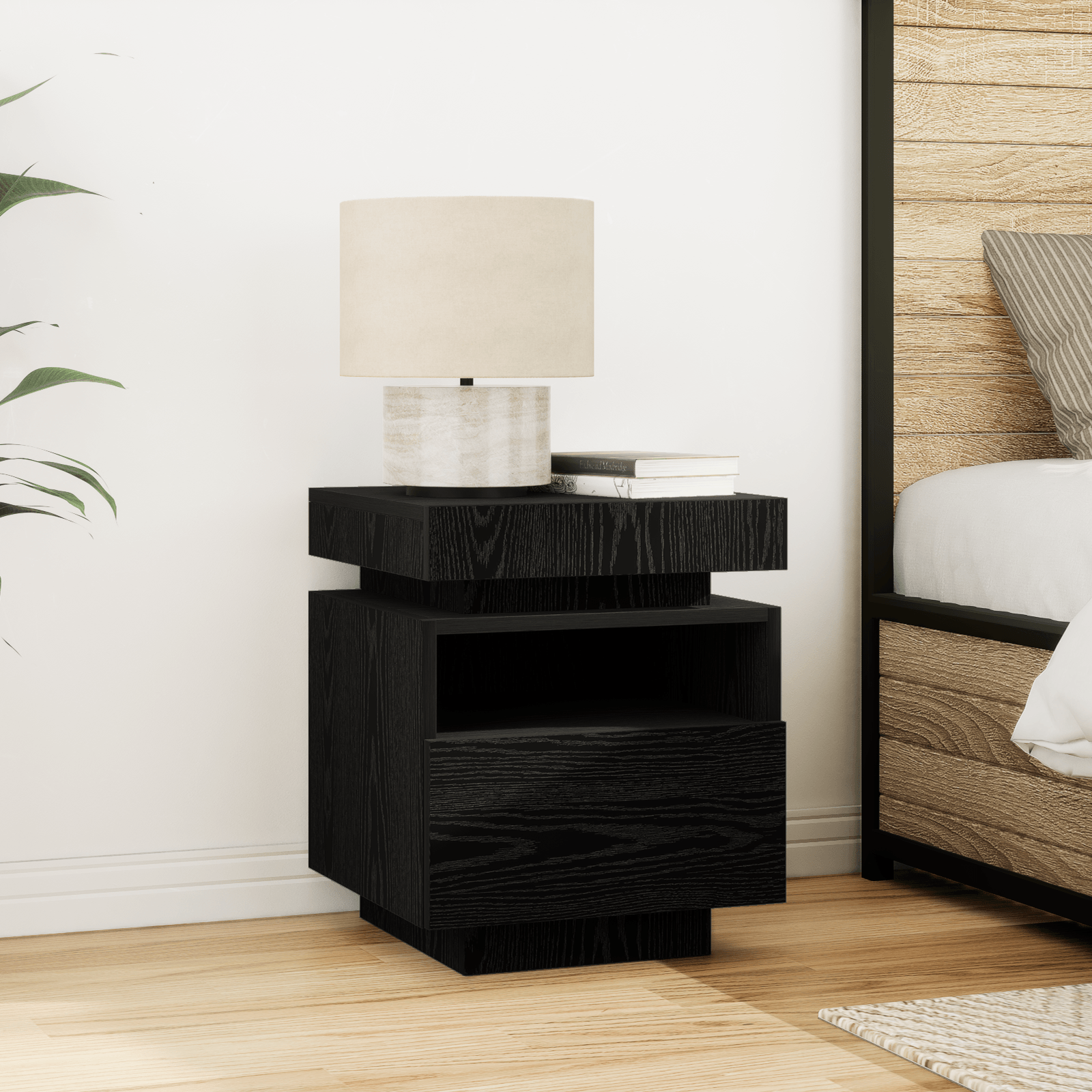 Noptiera cu lumini LED, stejar negru, 40x39x48,5 cm
