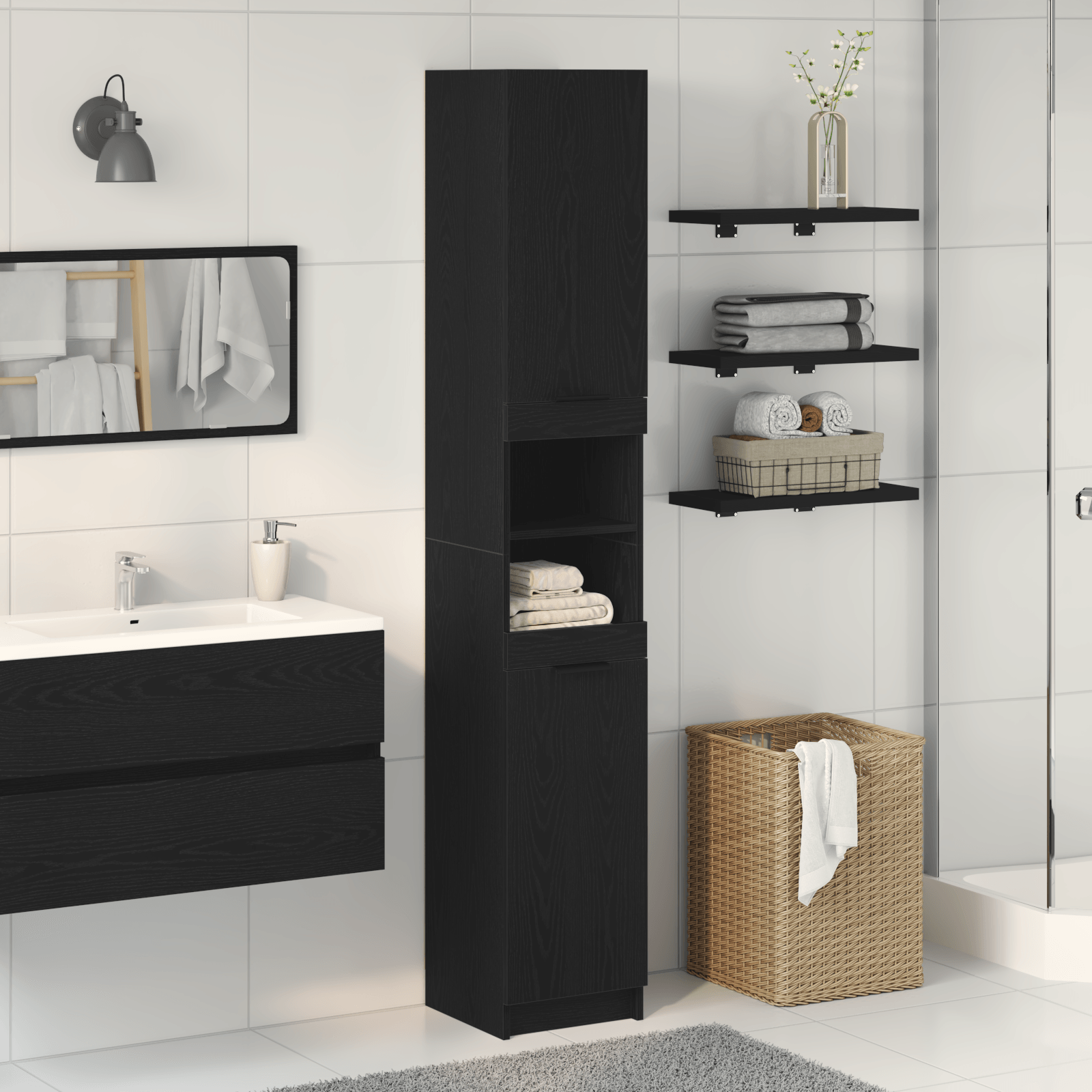 Cabinet de baie din stejar negru - 32x34x188.5 cm