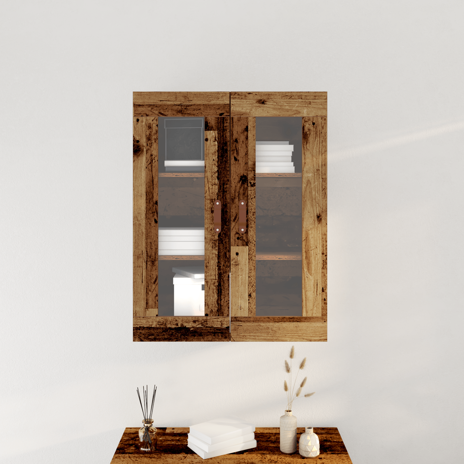 Dulap de perete cu usi din sticla, lemn vechi, 69,5x34x90 cm — imaginea 4