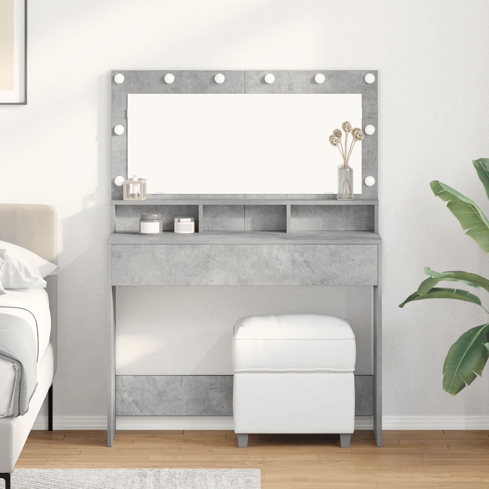 Masa de toaleta cu lumini LED, gri beton, 100x41x135 cm