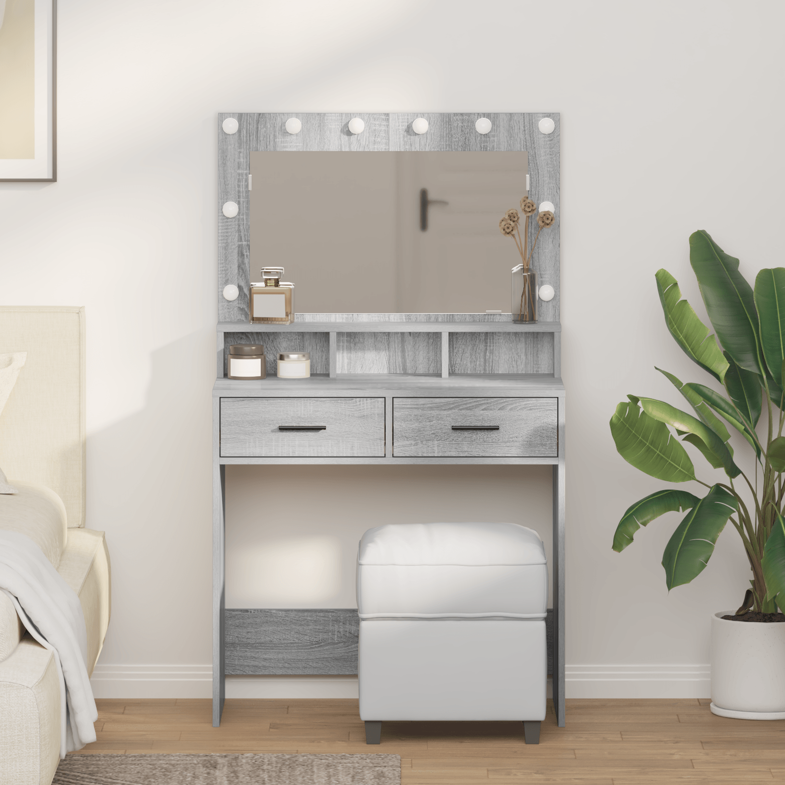 Masa de toaleta cu lumini LED, gri sonoma, 79x41x135 cm