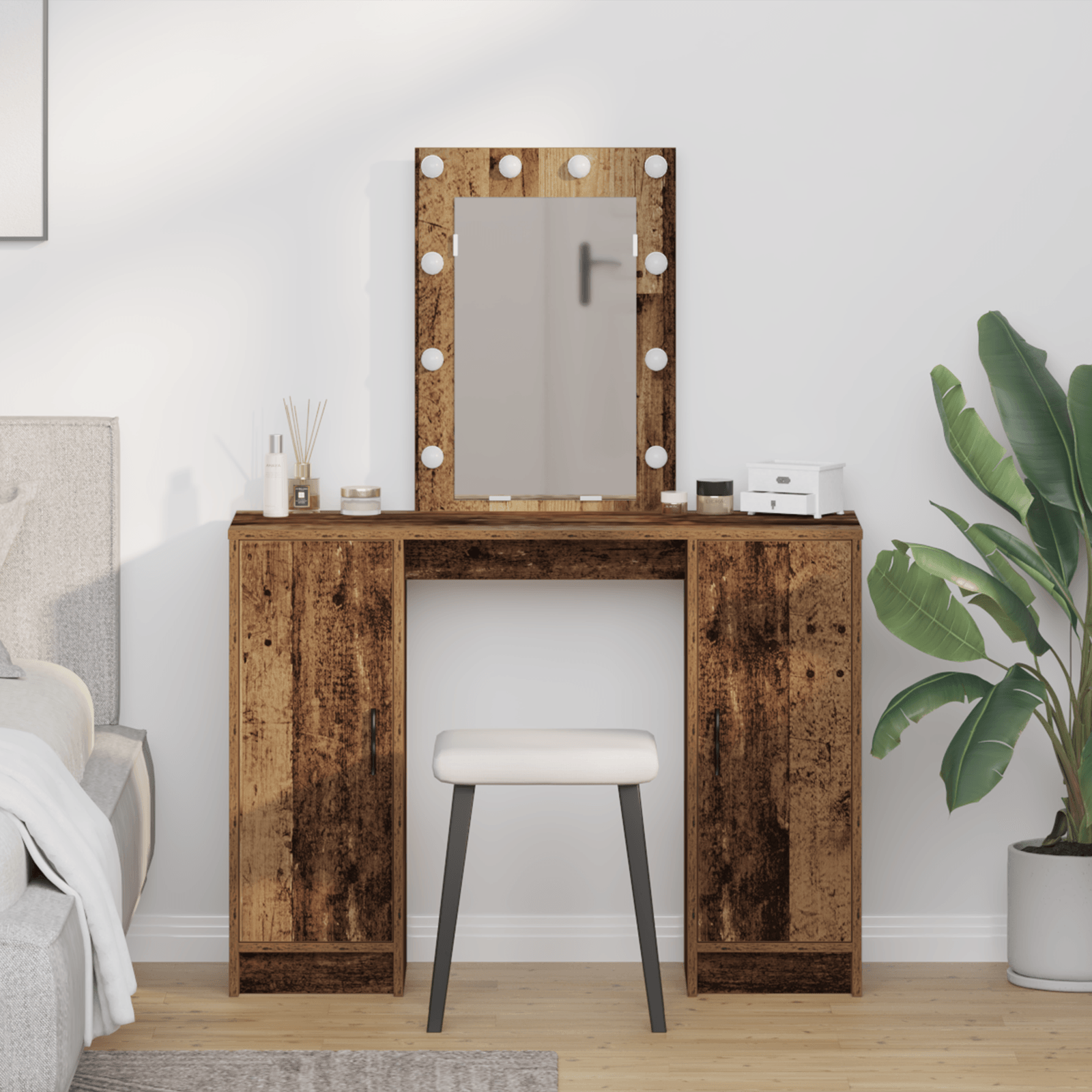 Masa de toaleta cu LED, lemn vechi, 102x33x135 cm