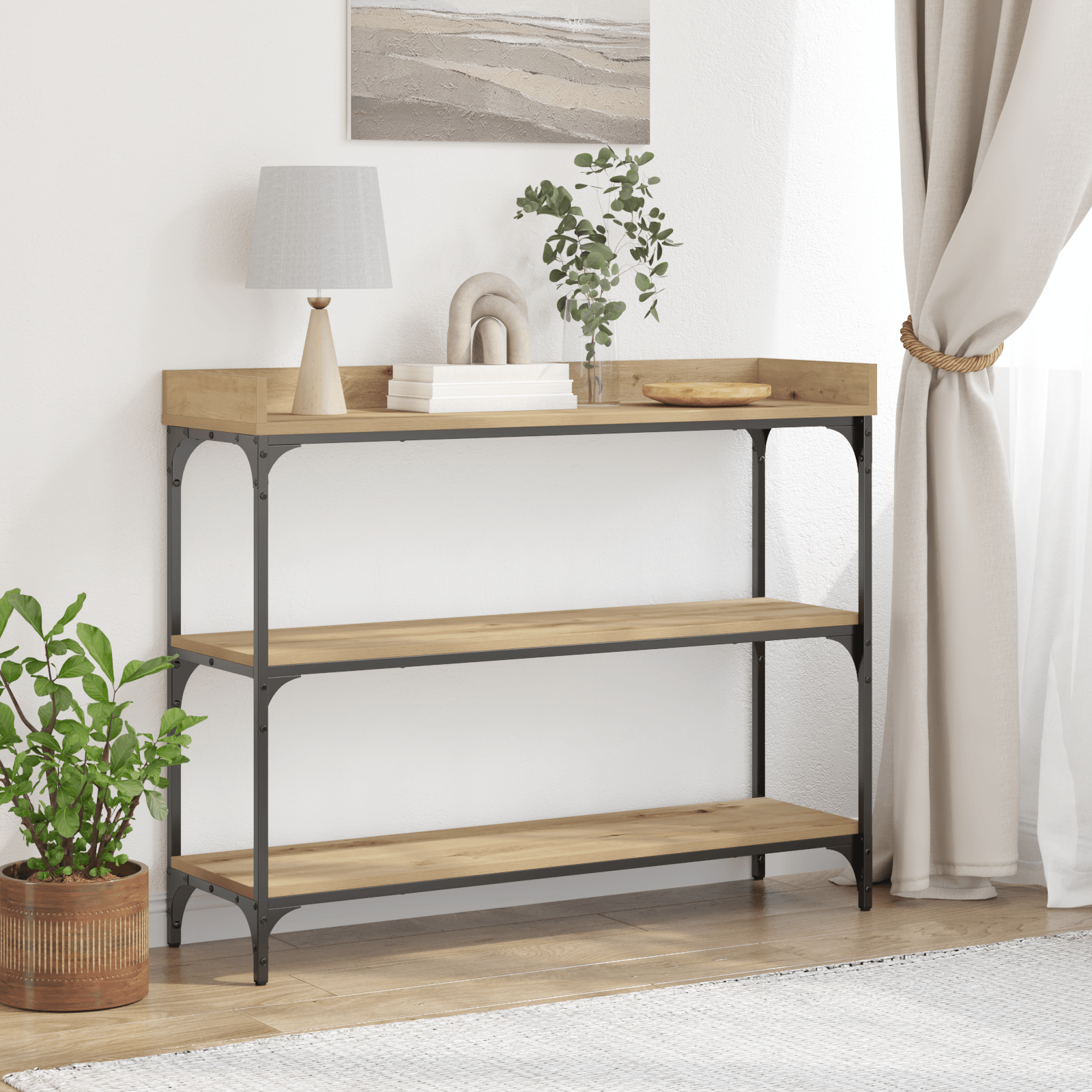 Masa consola, stejar artizanal, 100x30x80 cm, lemn si otel