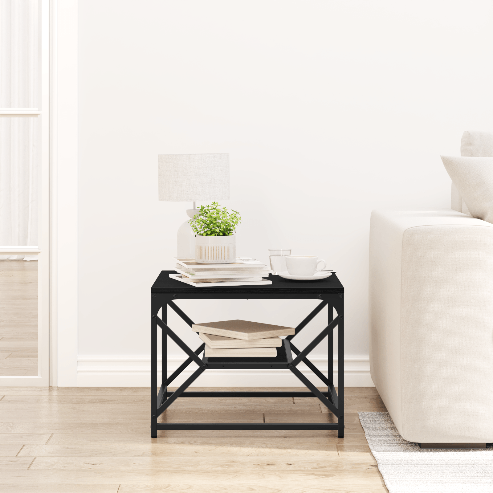 Masa de cafea din stejar negru cu raft, 51x50x40 cm, din lemn prelucrat — imaginea 4