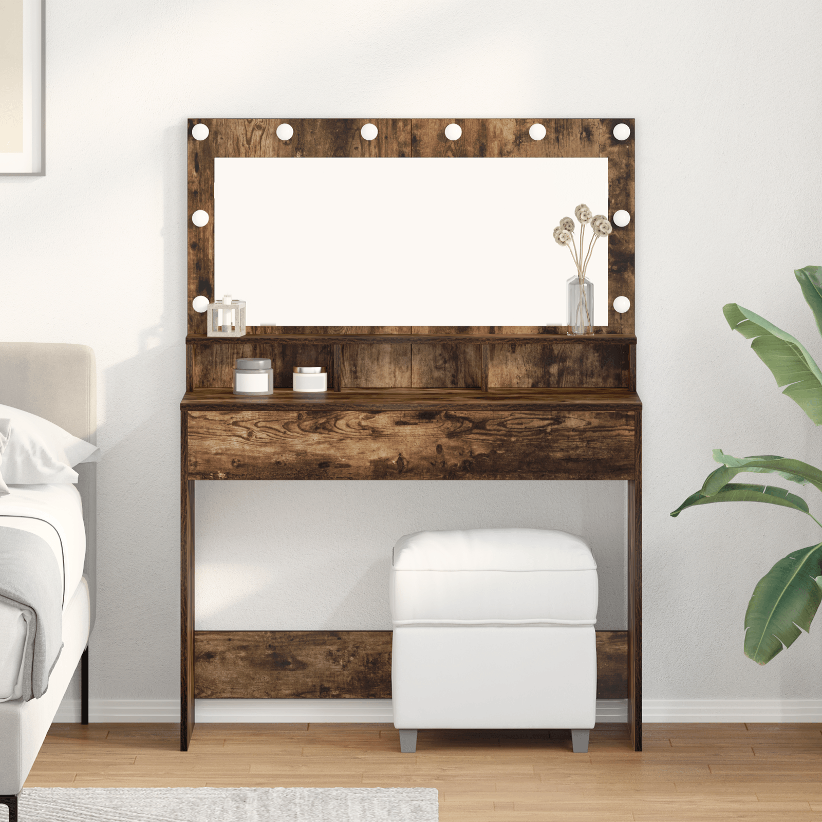 Masa de cosmetica cu lumini LED, stejar fumuriu, 100x41x135 cm