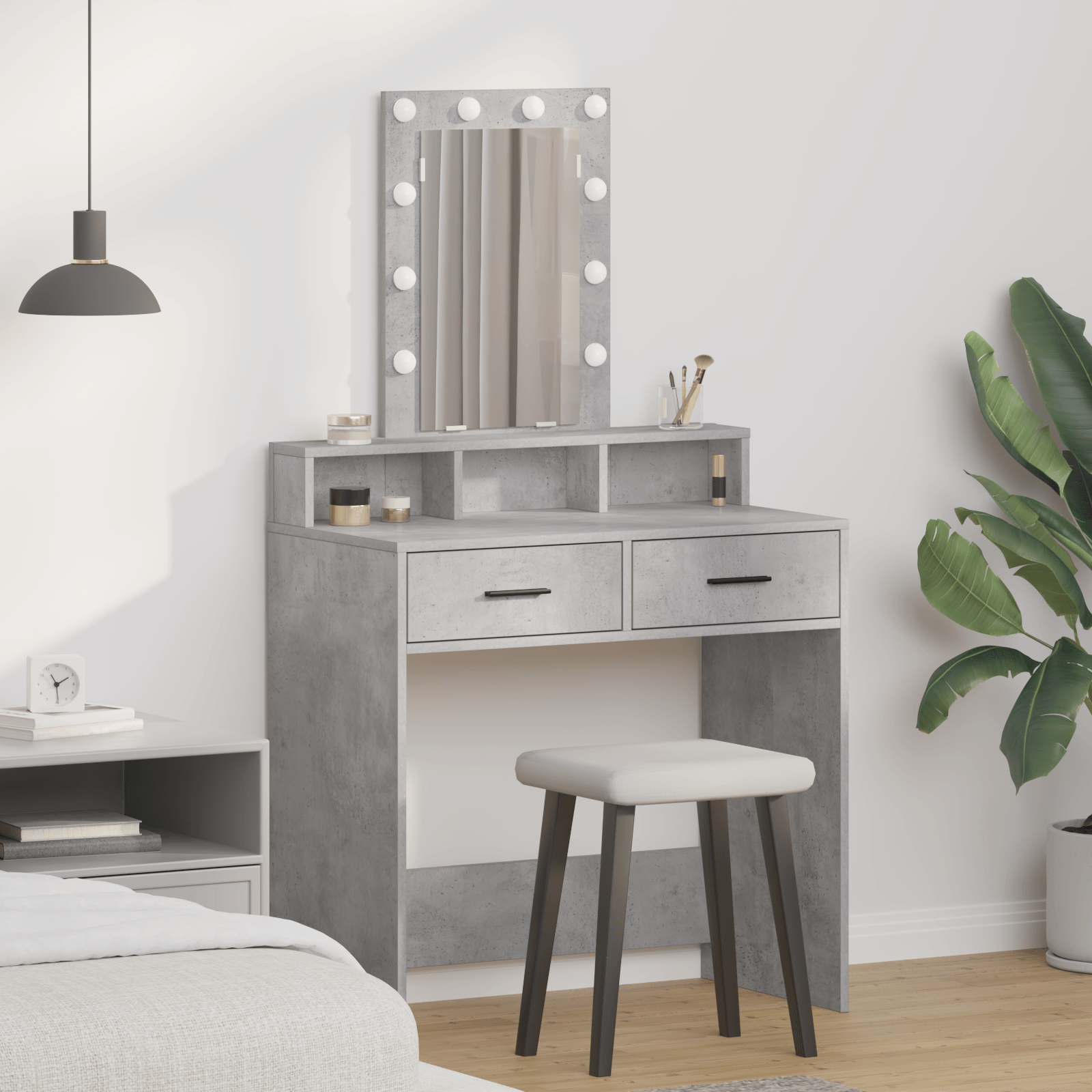 Masa de cosmetica cu LED, gri beton, 79x41x140 cm