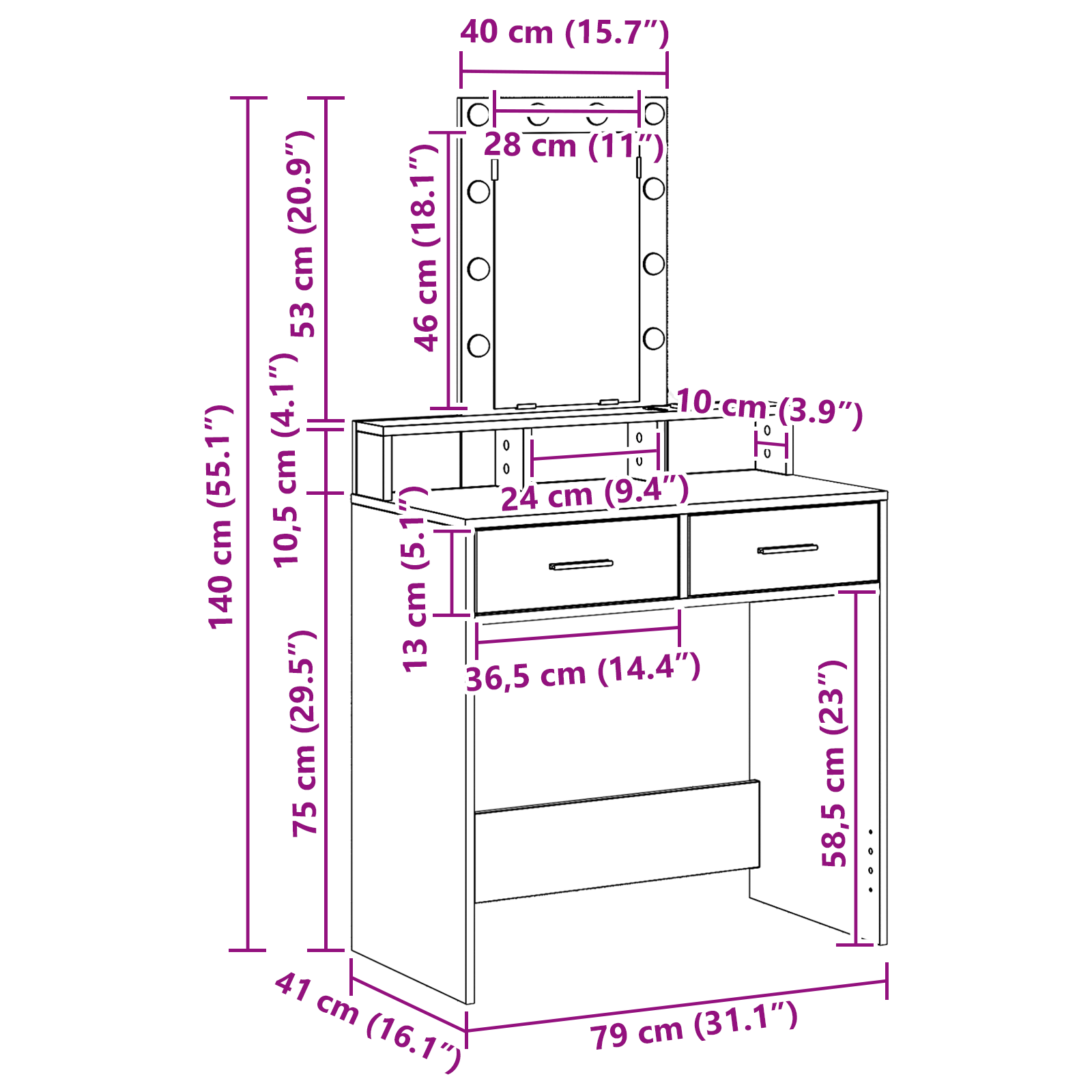 Masa de cosmetica cu LED, gri beton, 79x41x140 cm — imaginea 10