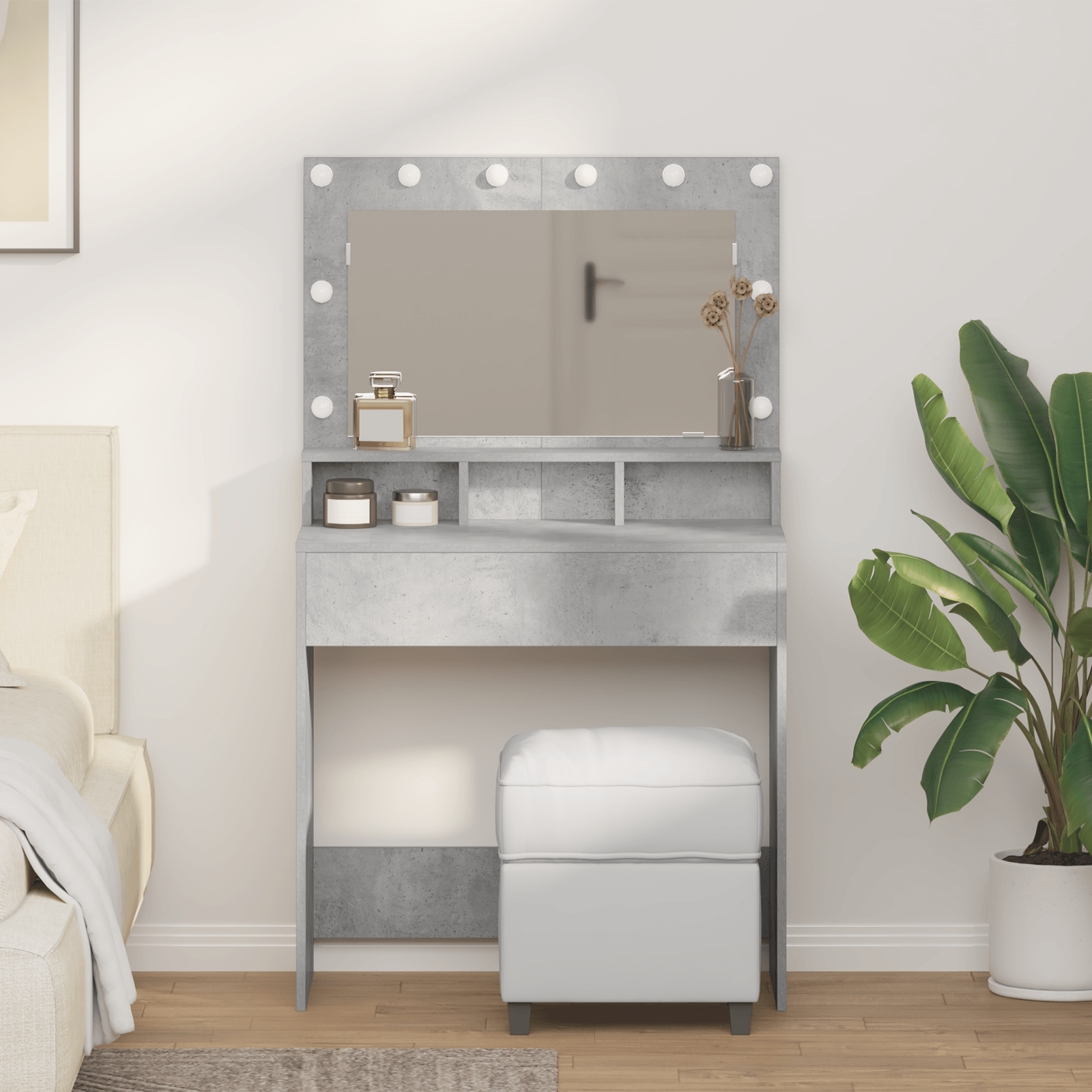 Masa de toaleta cu lumini LED, gri beton, 79x41x135 cm