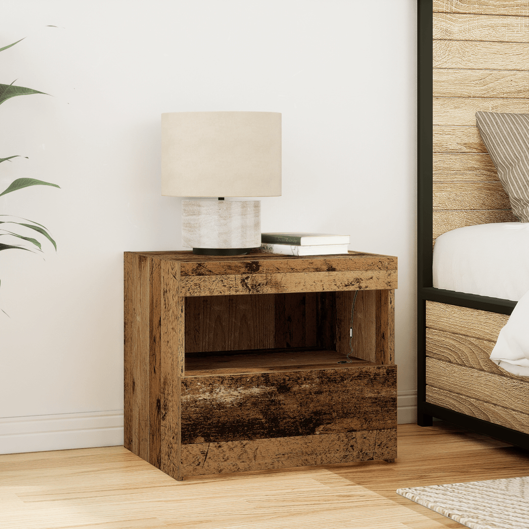 Noptiera cu lumini LED, 2 buc., lemn vechi, 50x40x45 cm — imaginea 5