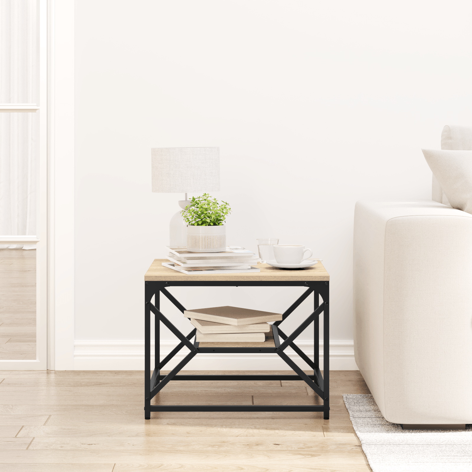 Masa de cafea cu raft din stejar Sonoma – 51x50x40 cm – fabricata din lemn prelucrat — imaginea 4