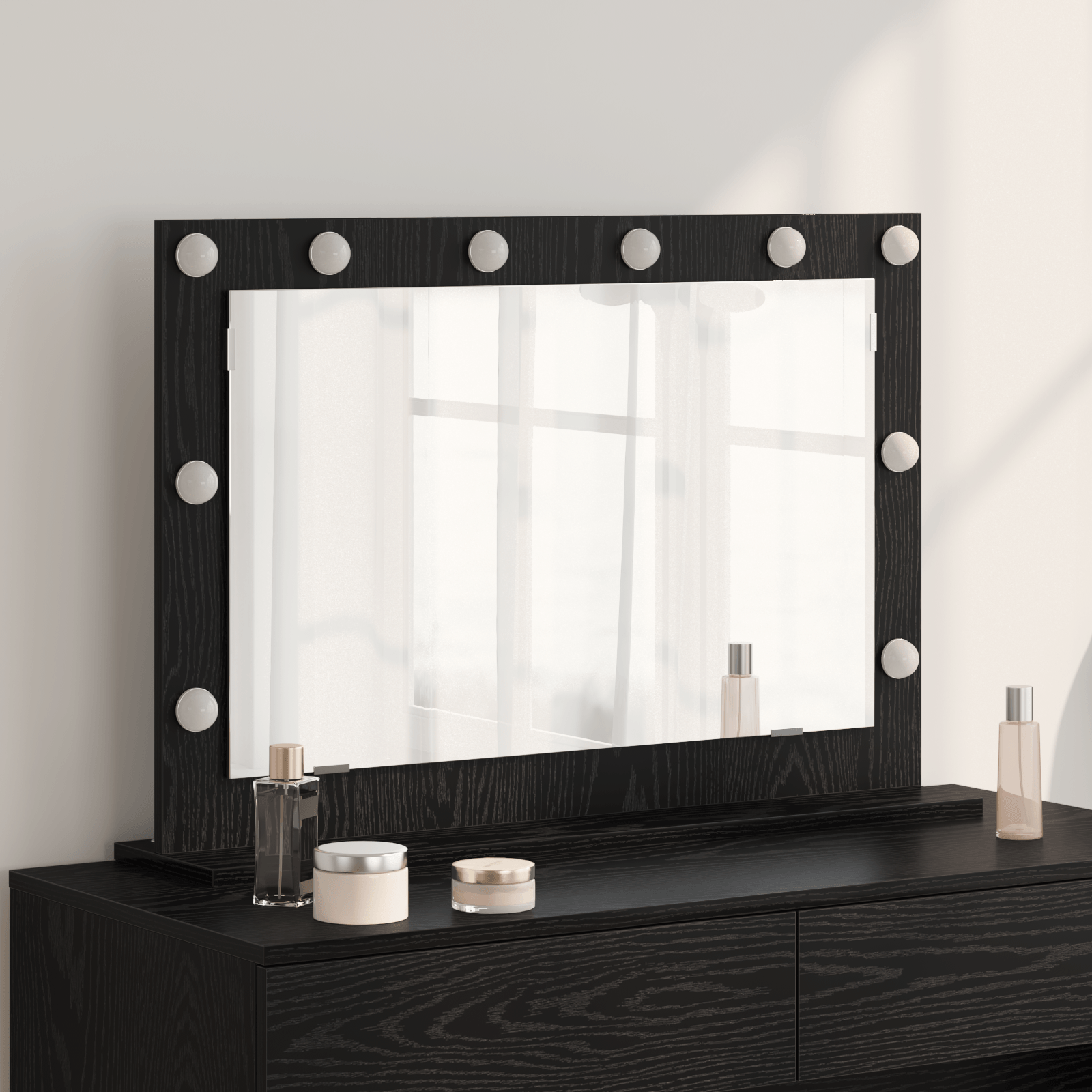 Oglinda de toaleta cu lumini LED Stejar negru 80x55x18 cm